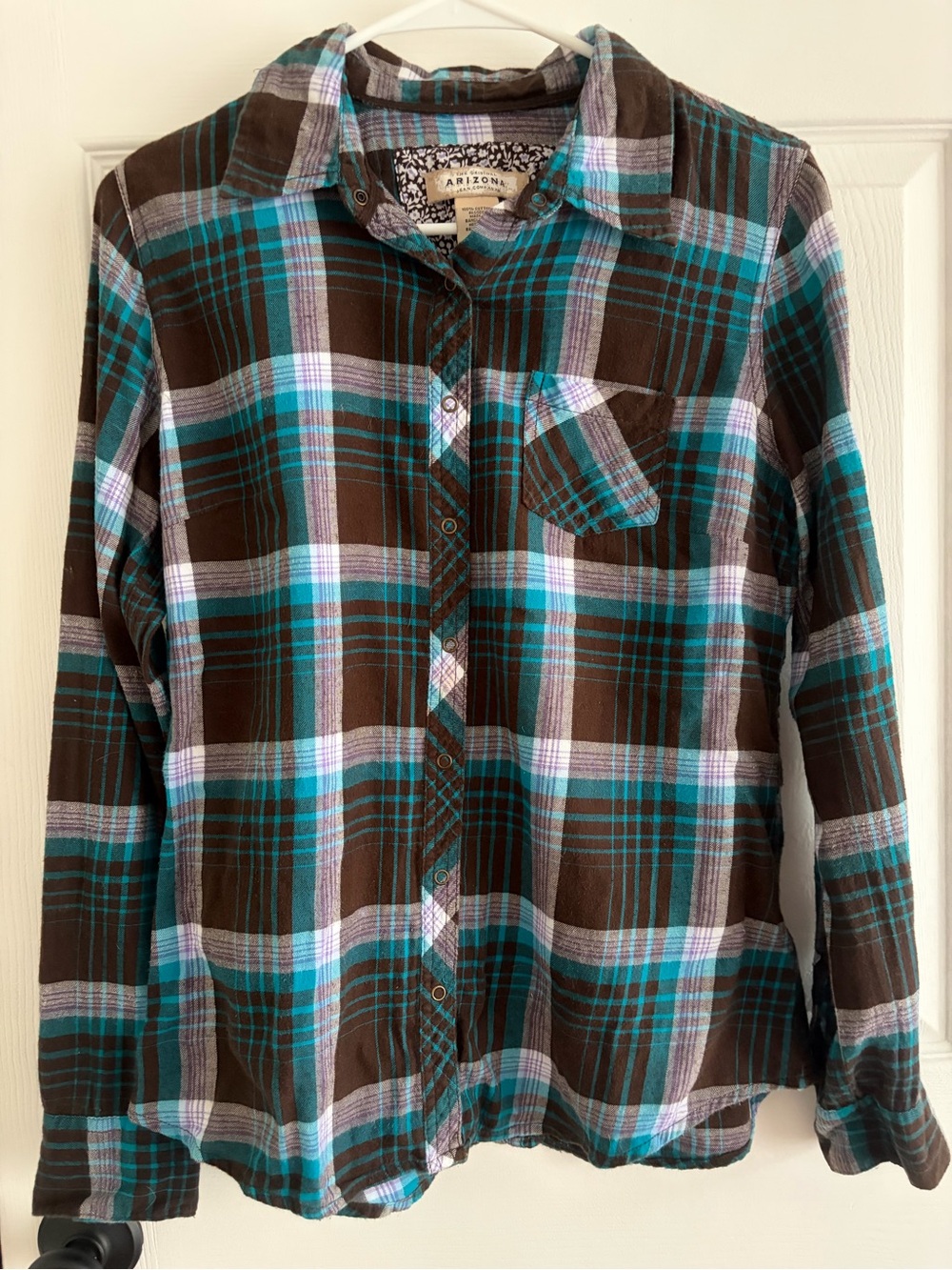 Arizona Jean Company Brown, Teal & White Plaid Button-Down Shirt